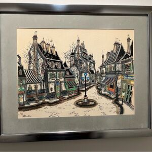 Vintage French Village Lithograph Pencil Signed by Author 33”-27” Framed